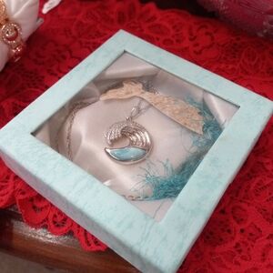 Larimar CZ Silver Wave Pendant Necklace